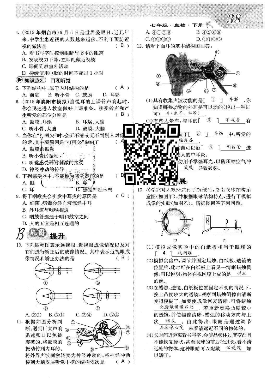 2016年课堂点睛七年级生物下册人教版 第六章 人体生命活动的调节第38页