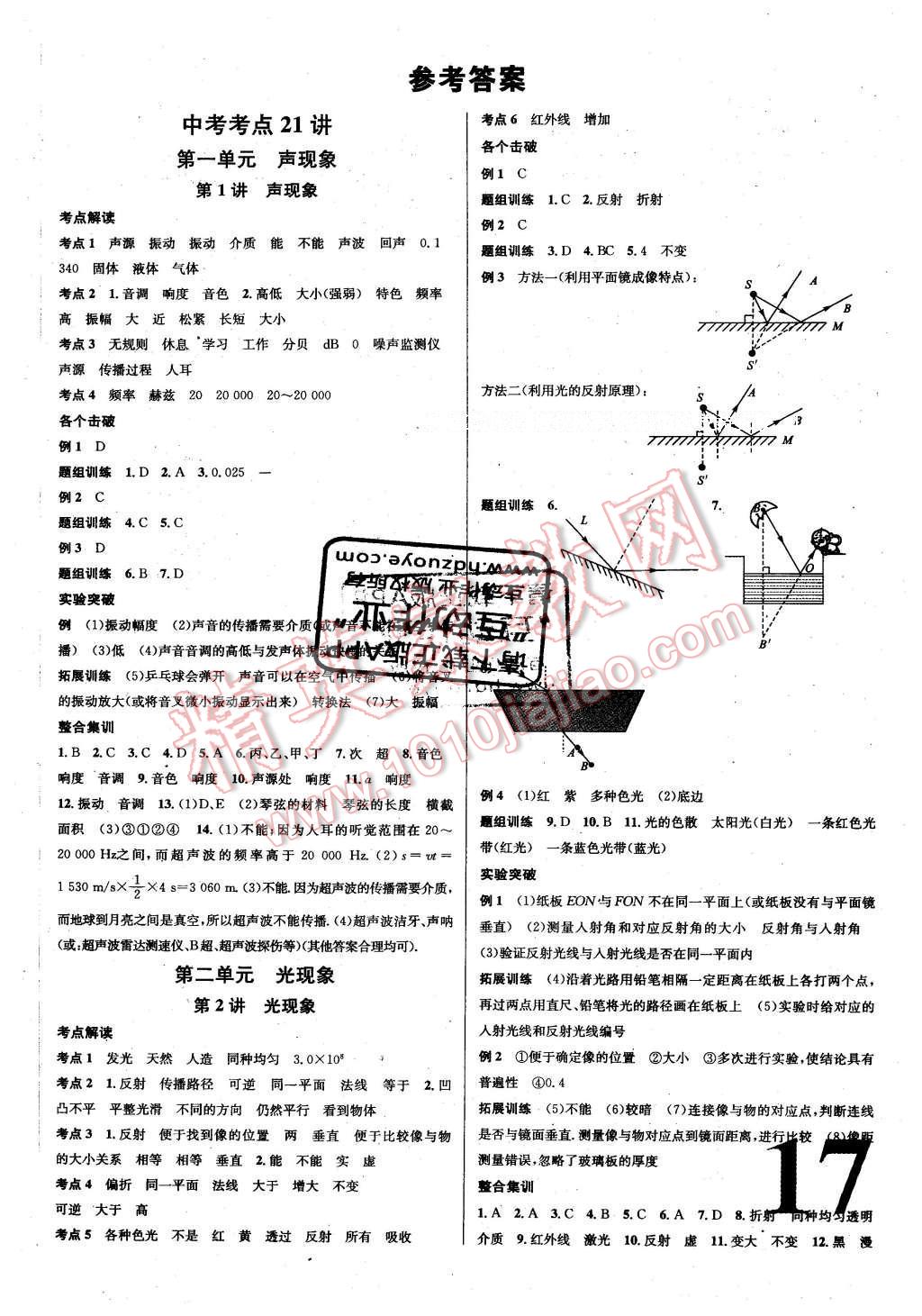 2016年火线100天中考滚动复习法物理 参考答案第25页