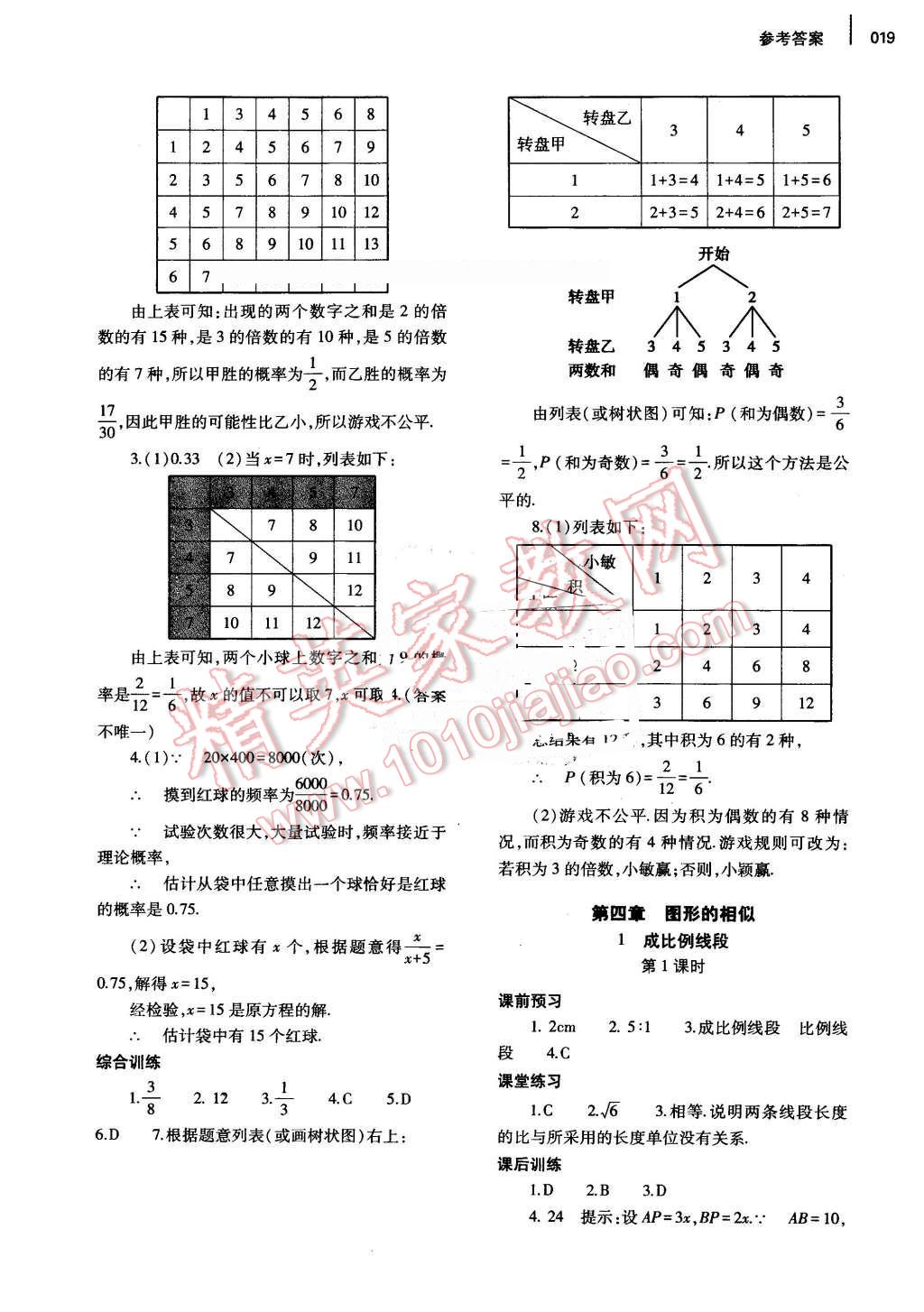 2016年基础训练九年级数学全一册北师大版河南省内使用 参考答案第19页