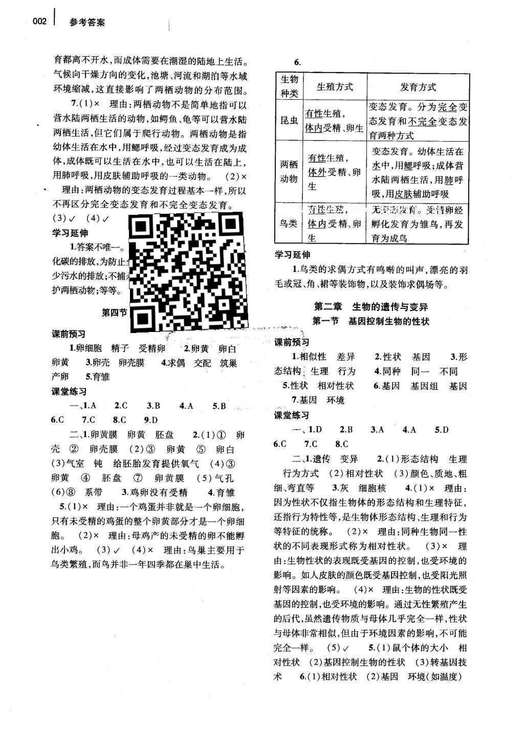 2016年基础训练八年级生物学下册人教版河南省内使用 参考答案第16页