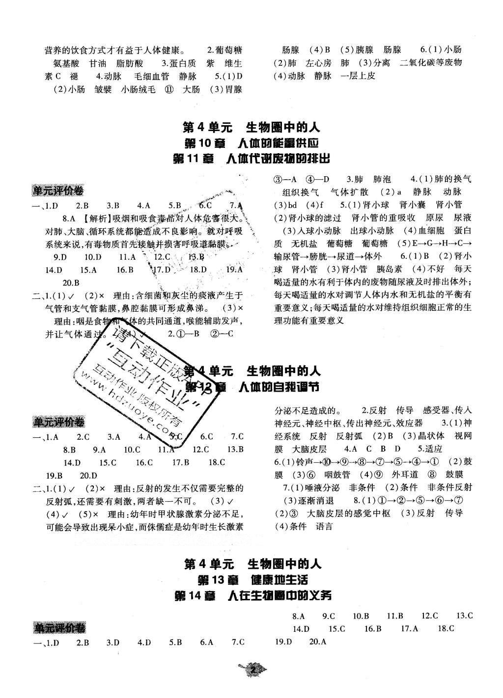 2016年基礎(chǔ)訓(xùn)練七年級生物學(xué)下冊北師大版河南省內(nèi)使用 單元評價(jià)卷答案第26頁