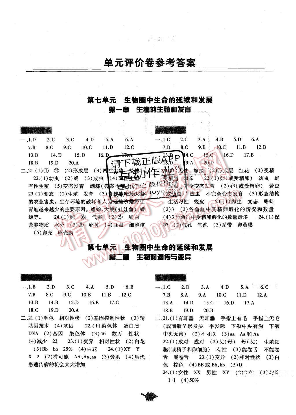 2016年基礎訓練八年級生物學下冊人教版河南省內(nèi)使用 單元評價卷答案第21頁