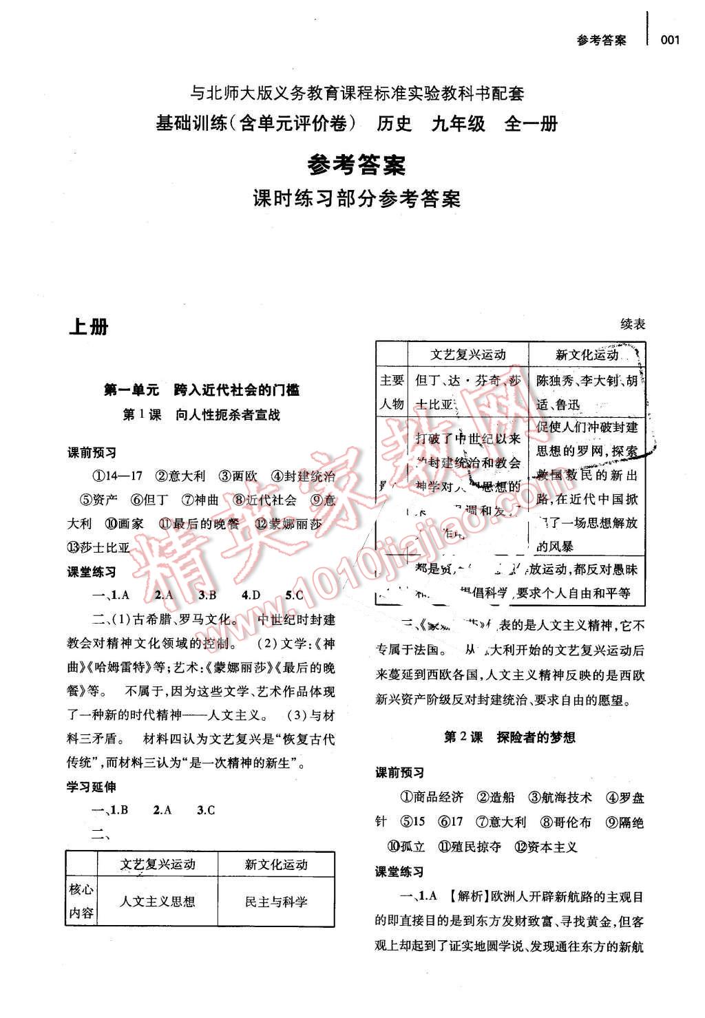 2015年基礎(chǔ)訓(xùn)練九年級歷史全一冊北師大版河南省內(nèi)使用 參考答案第1頁