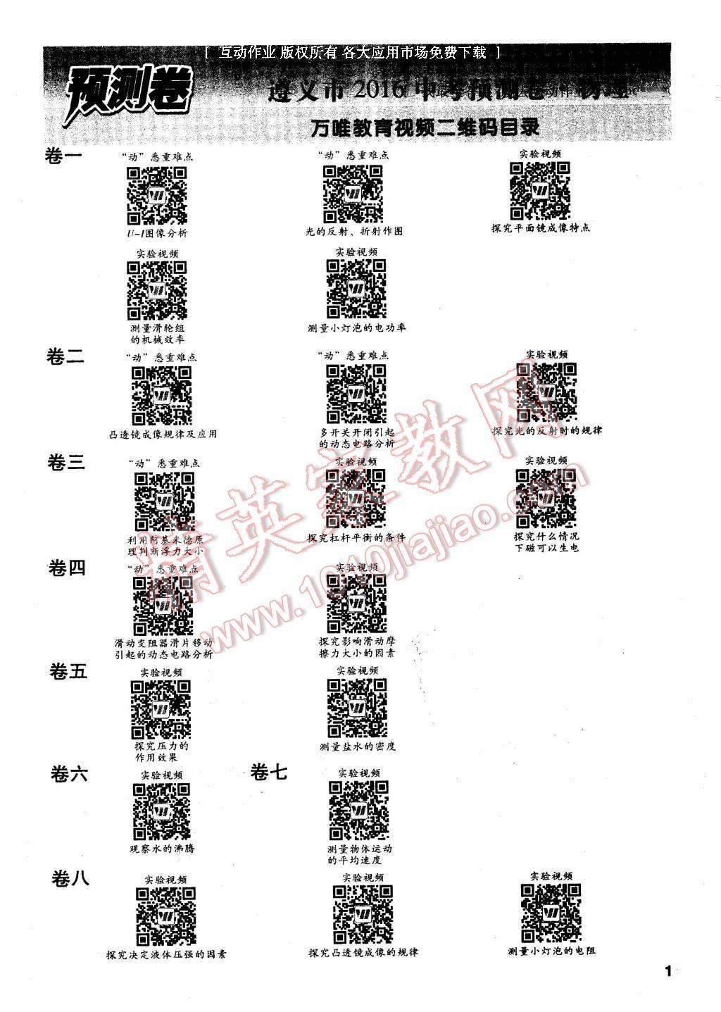 2016年萬唯教育遵義中考預(yù)測卷終極預(yù)測8套卷物理第12年第12版 第1頁