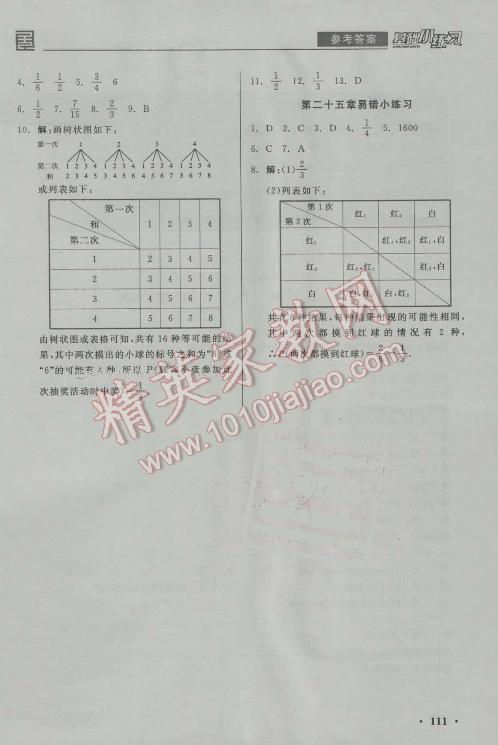 2016年全品基础小练习九年级数学上册人教版 参考答案第15页