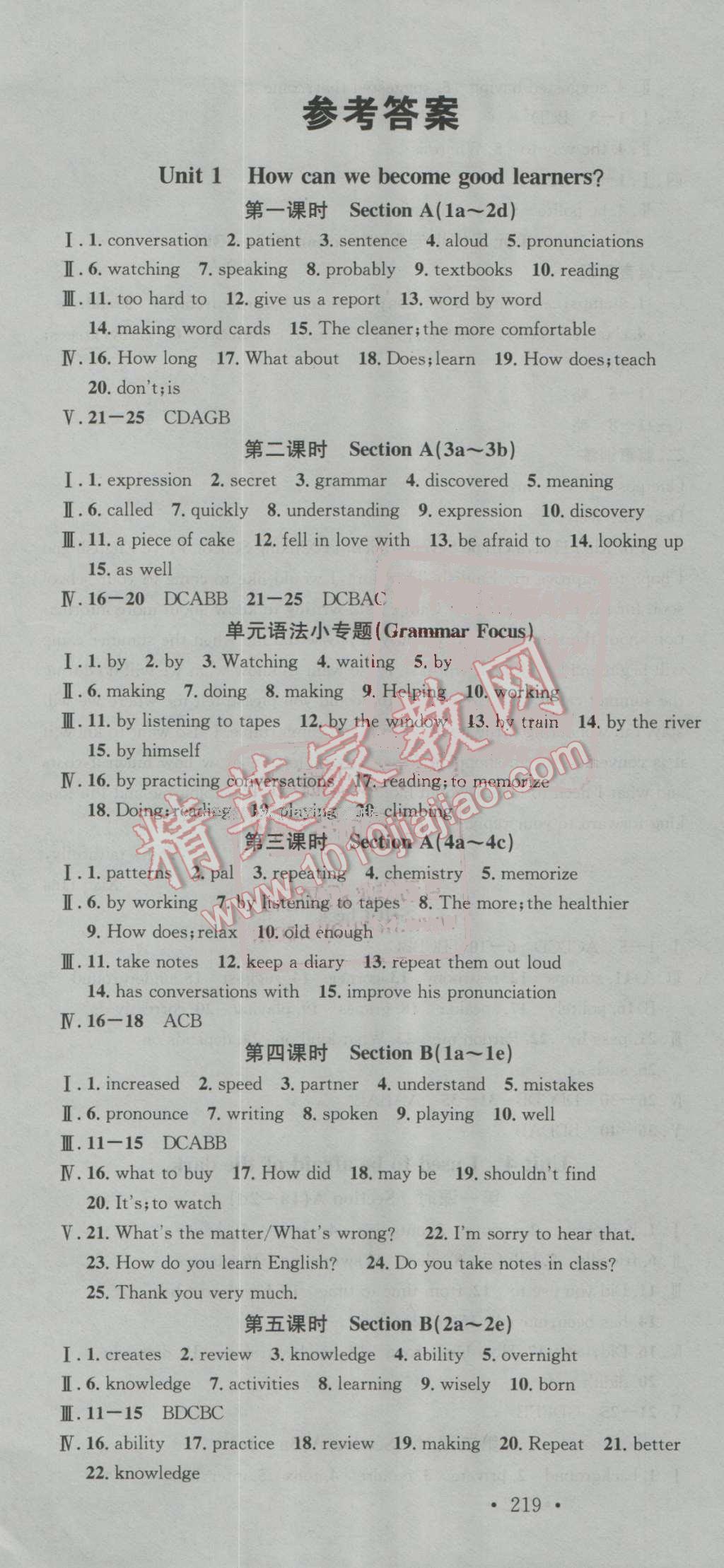 2016年名校課堂滾動學(xué)習(xí)法九年級英語全一冊人教版黑龍江教育出版社 參考答案第1頁