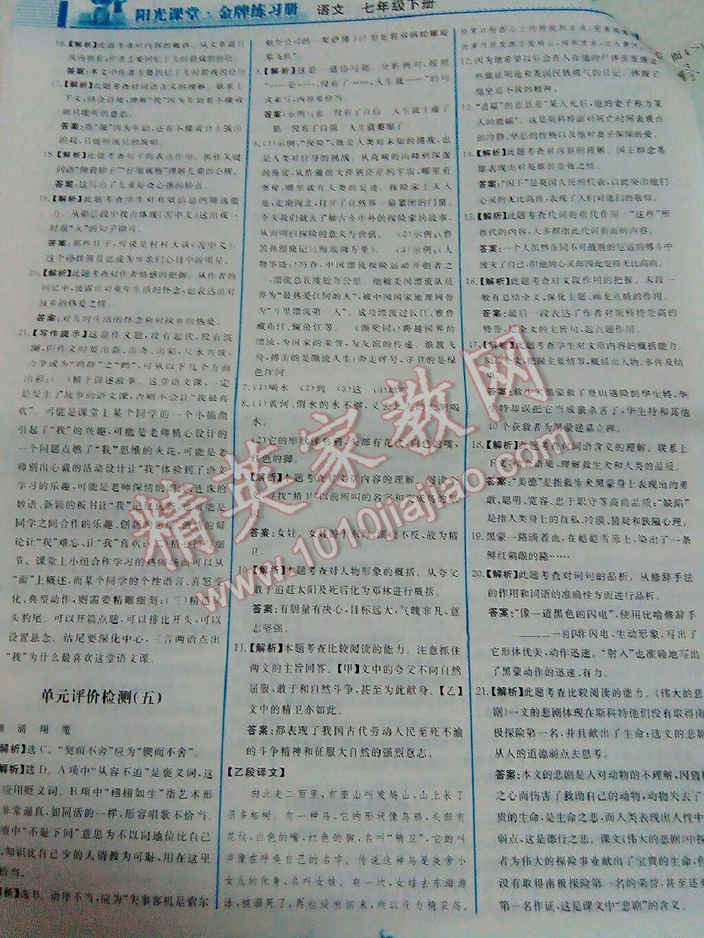 2016年阳光课堂金牌练习册七年级语文下册人教版 第174页