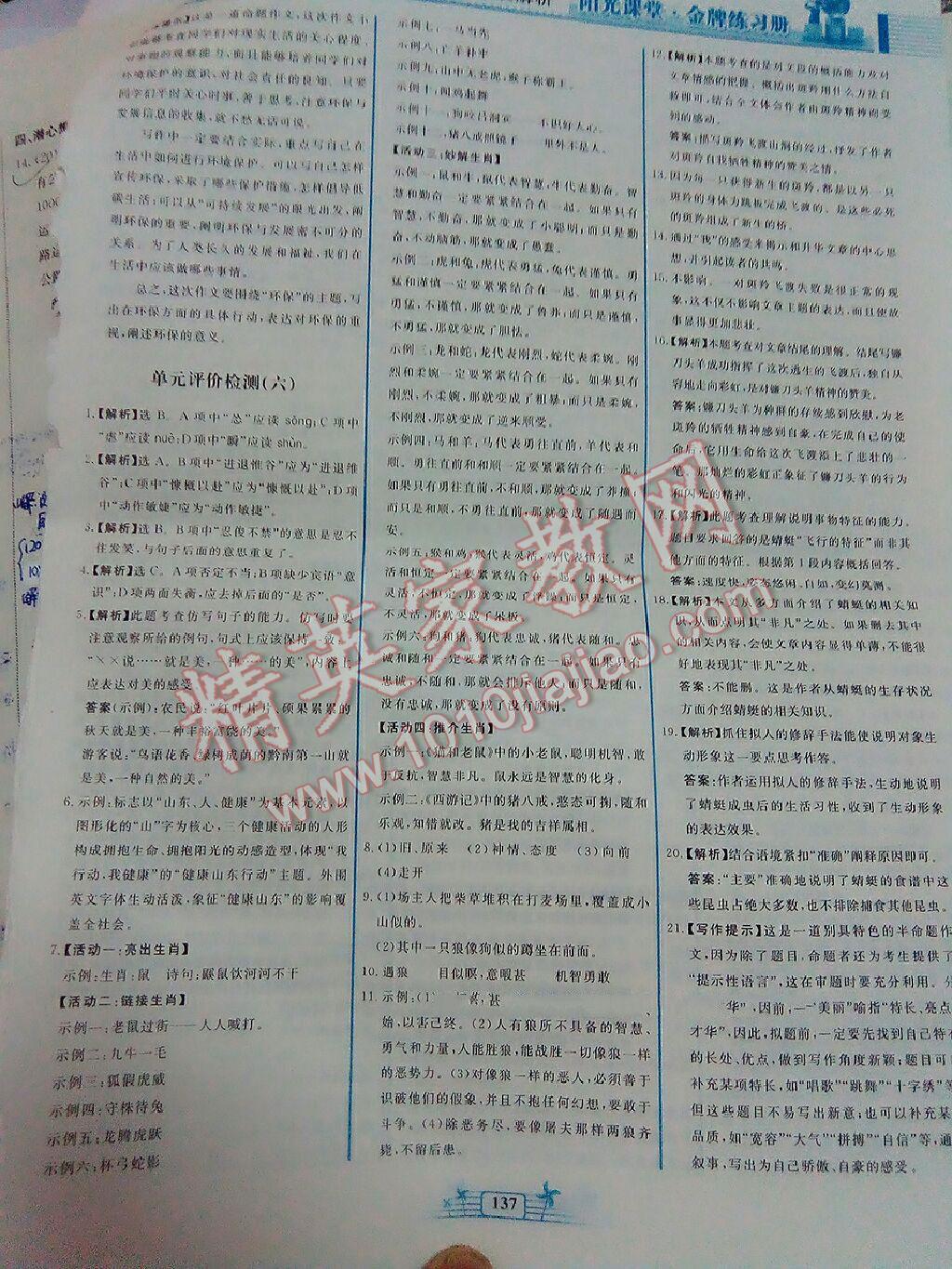 2016年阳光课堂金牌练习册七年级语文下册人教版 第175页