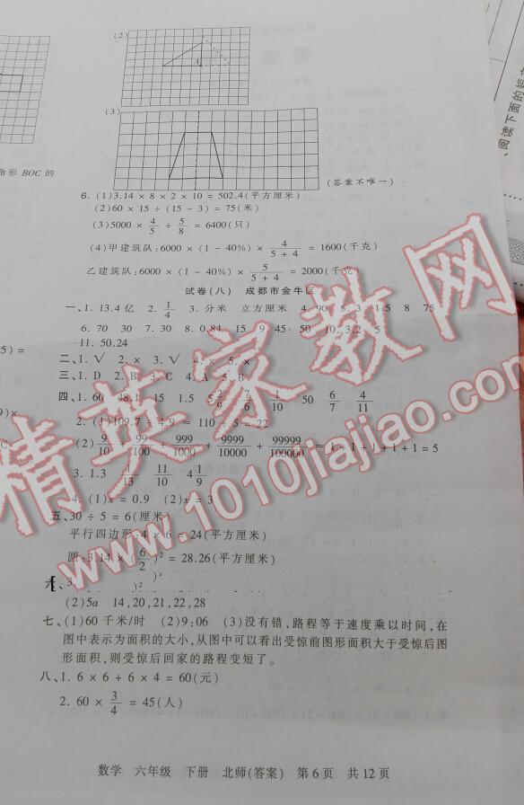 2016年王朝霞各地期末試卷精選六年級數(shù)學(xué)下冊北師大版 第6頁