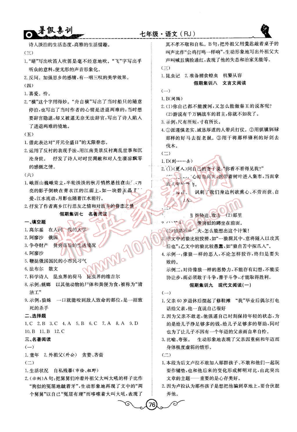 2016年暑假集训七年级语文人教版合肥工业大学出版社 第8页