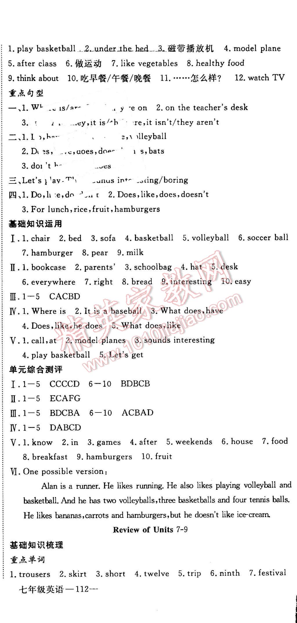 2016年时习之期末加暑假七年级英语人教版 参考答案第66页