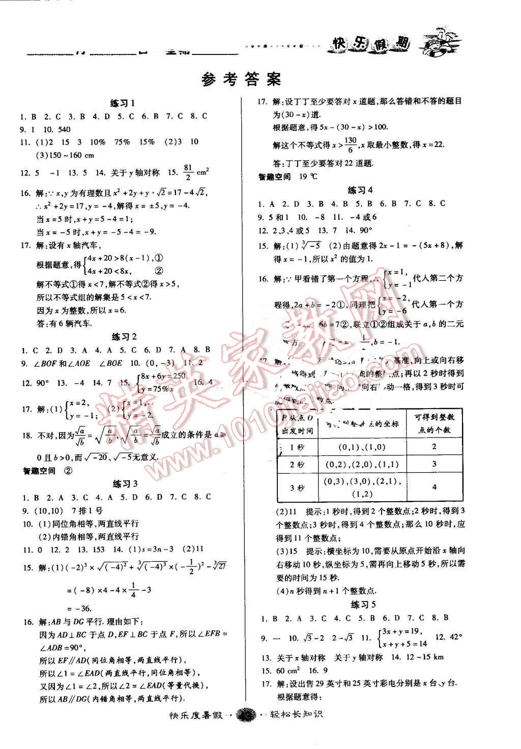 2016年文濤書業(yè)假期作業(yè)快樂暑假七年級(jí)數(shù)學(xué)人教版西安出版社 參考答案第21頁