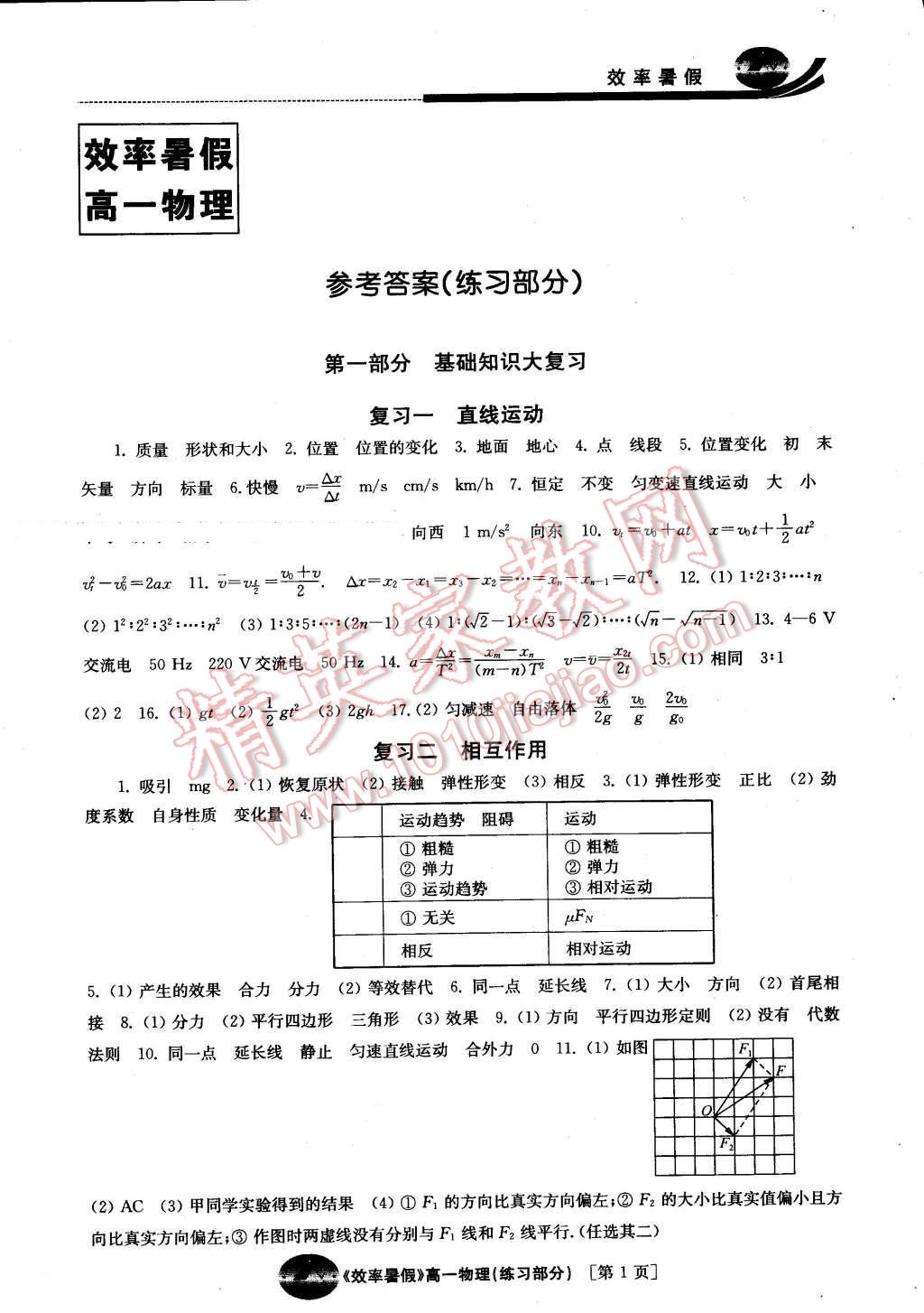 2016年效率暑假高一物理 第1页