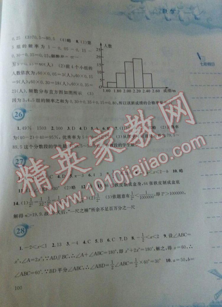 2015年暑假作业七年级数学人教版安徽教育出版社 第96页