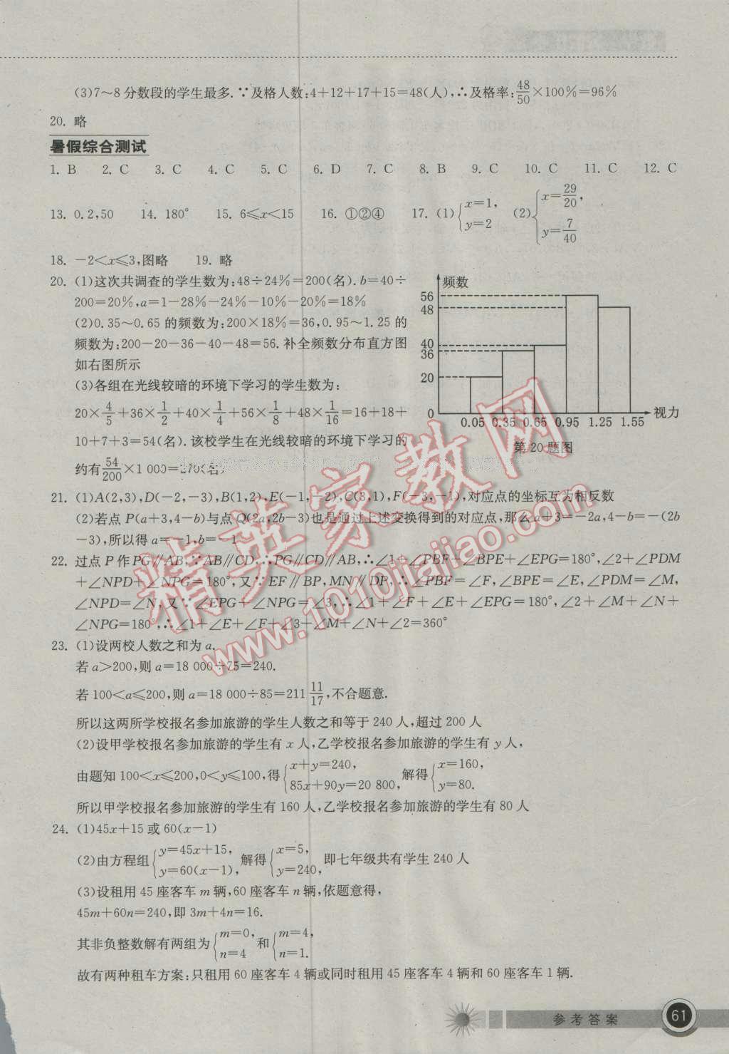 2016年长江作业本暑假作业七年级数学 参考答案第36页