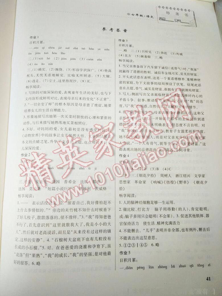 2015年暑假作业七年级语文内蒙古大学出版社 第11页