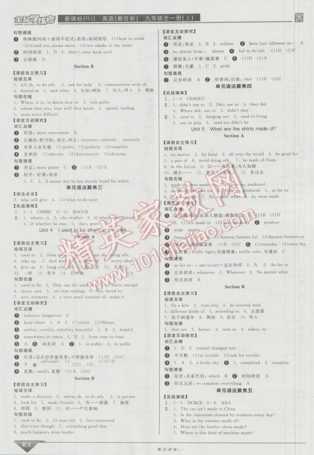 2016年全品學(xué)練考九年級(jí)英語全一冊(cè)上人教版 參考答案第2頁