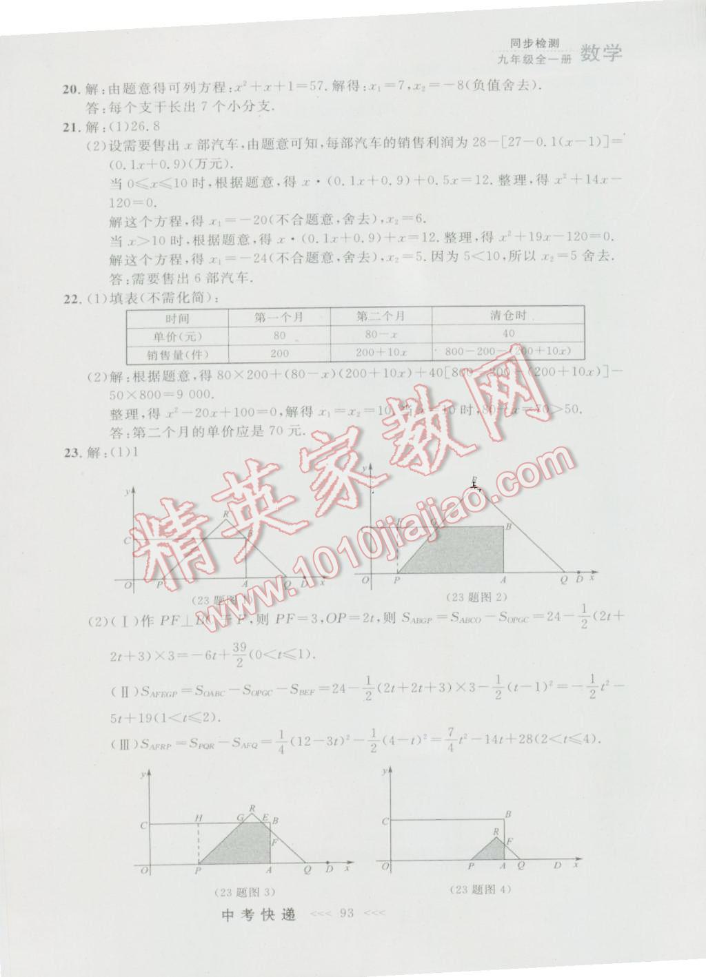 2016年中考快递同步检测九年级数学全一册人教版大连版 参考答案第29页