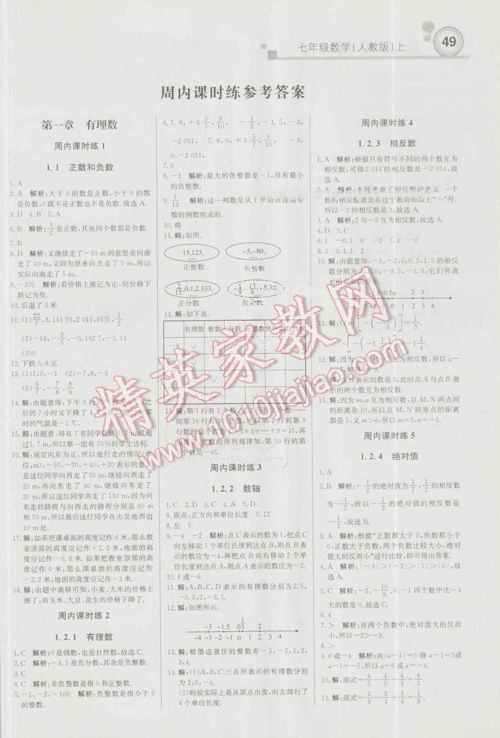 2016年輕巧奪冠周測月考直通中考七年級(jí)數(shù)學(xué)上冊(cè)人教版 參考答案第1頁