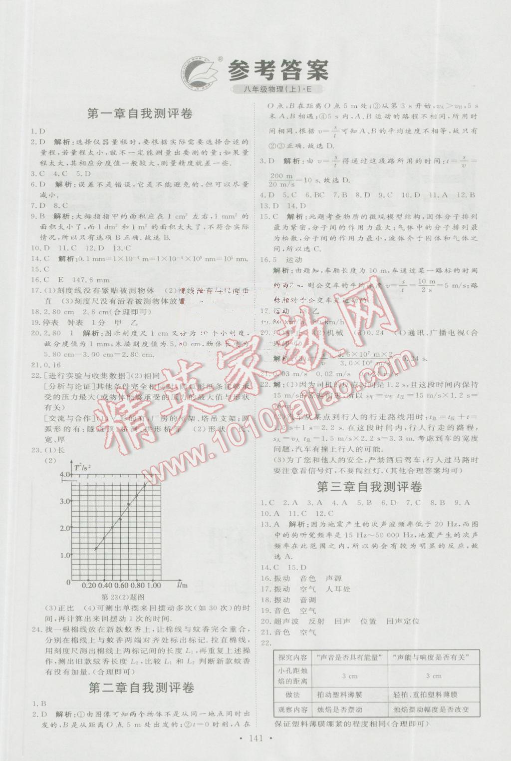 2016年优加学案课时通八年级物理上册教科版 自我测评卷答案第1页