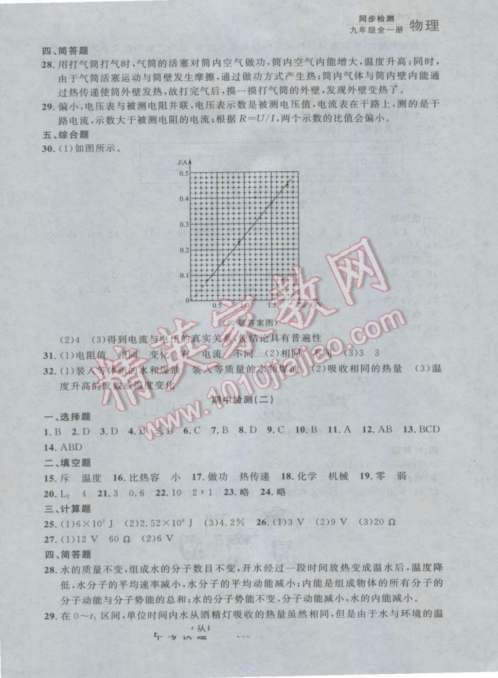 2016年中考快遞同步檢測九年級物理全一冊人教版大連版 參考答案第21頁