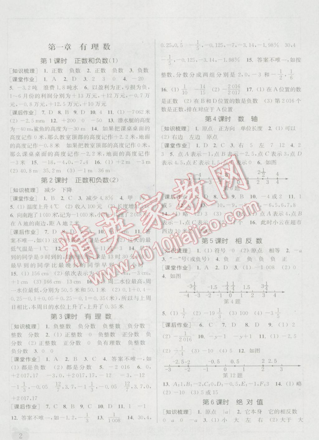 2016年通城學(xué)典課時作業(yè)本七年級數(shù)學(xué)上冊人教版江蘇專用 參考答案第1頁