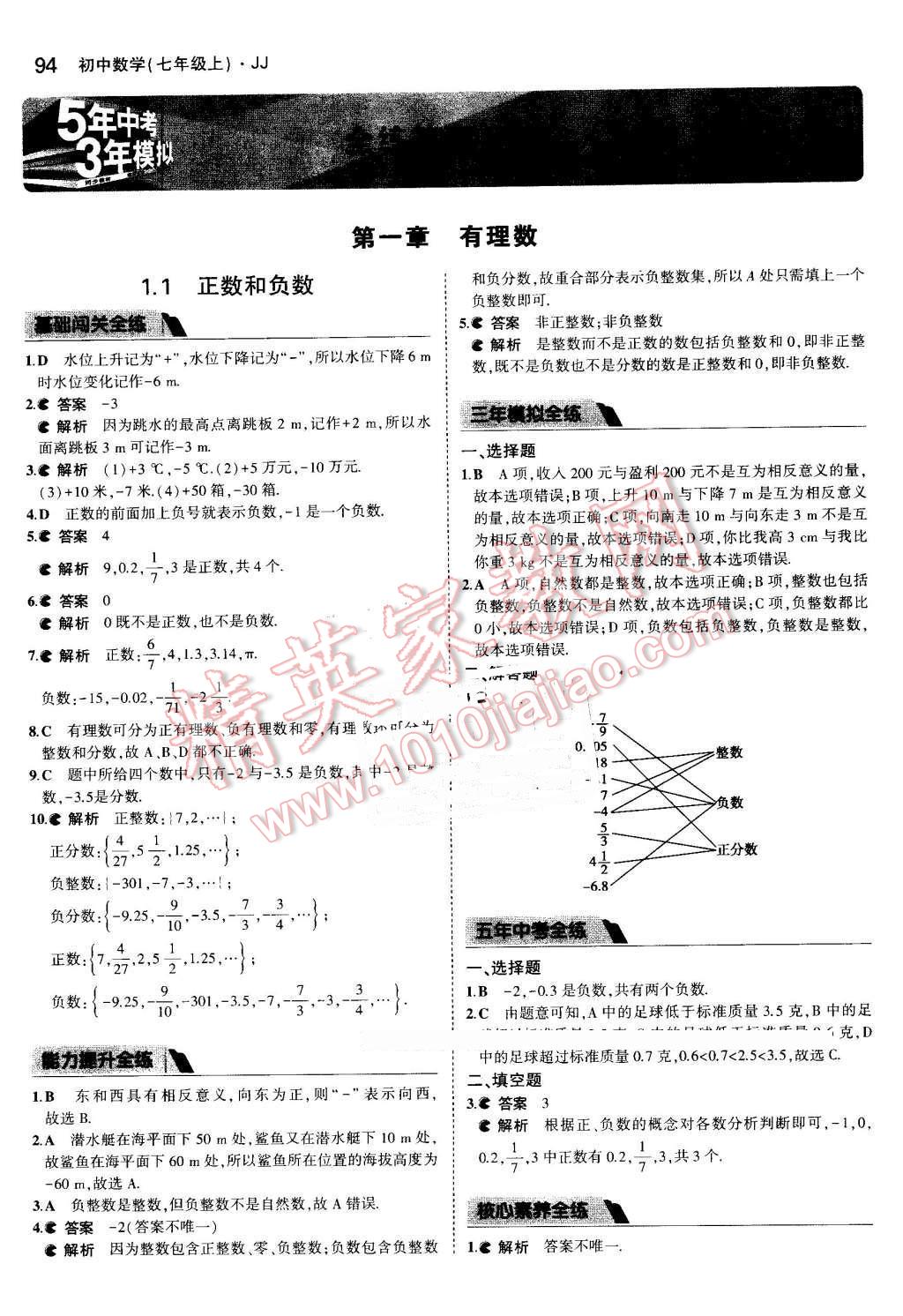 2016年5年中考3年模擬初中數(shù)學(xué)七年級上冊冀教版 參考答案第1頁