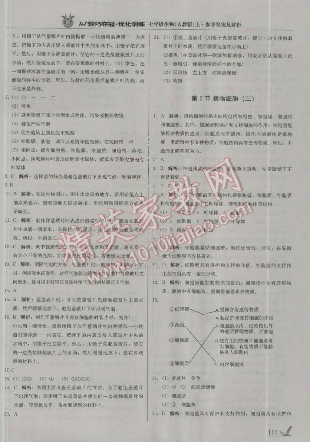 2016年1加1轻巧夺冠优化训练七年级生物上册人教版银版 参考答案第8页