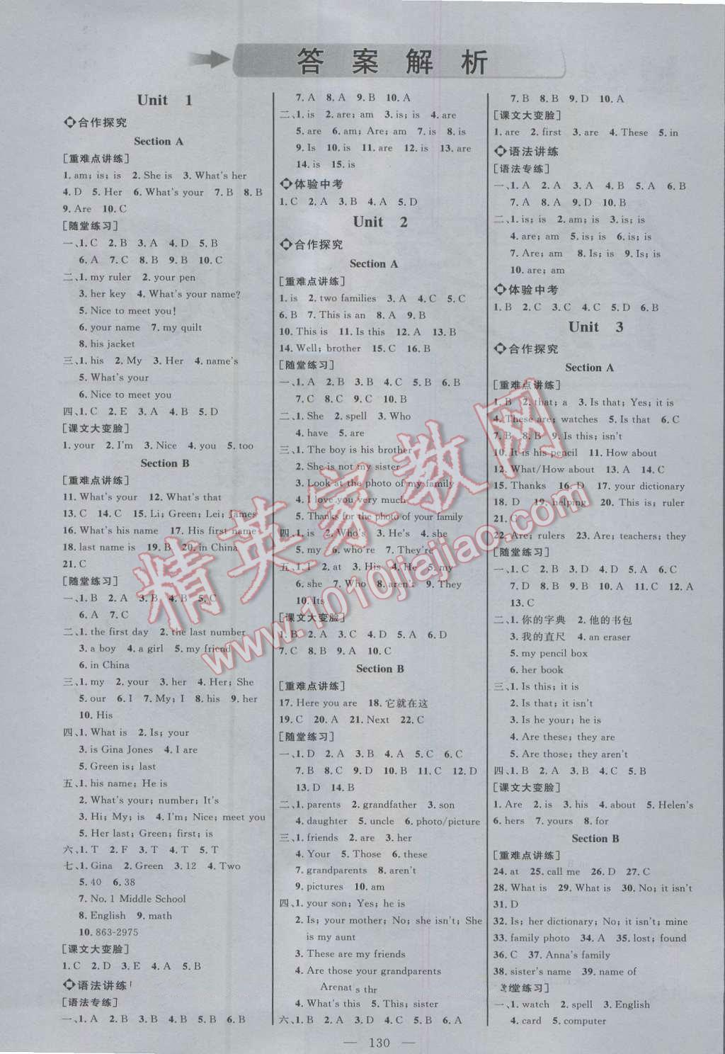 2016年細(xì)解巧練七年級(jí)英語(yǔ)上冊(cè)人教版 參考答案第1頁(yè)