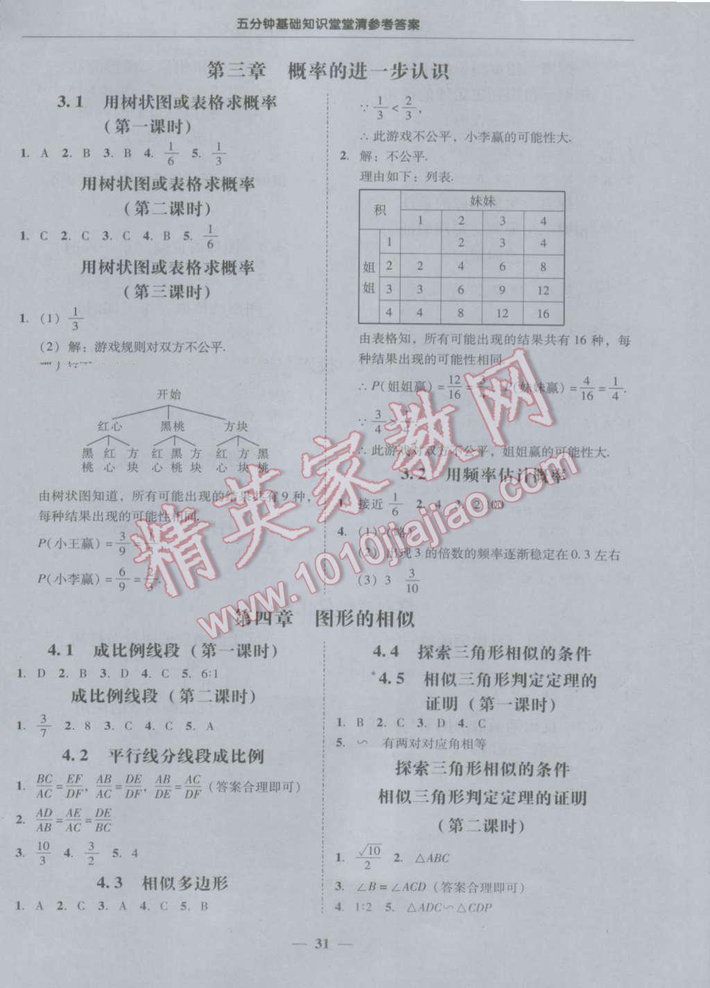 2016年易百分百分導(dǎo)學(xué)九年級(jí)數(shù)學(xué)上冊(cè)北師大版 參考答案第31頁(yè)