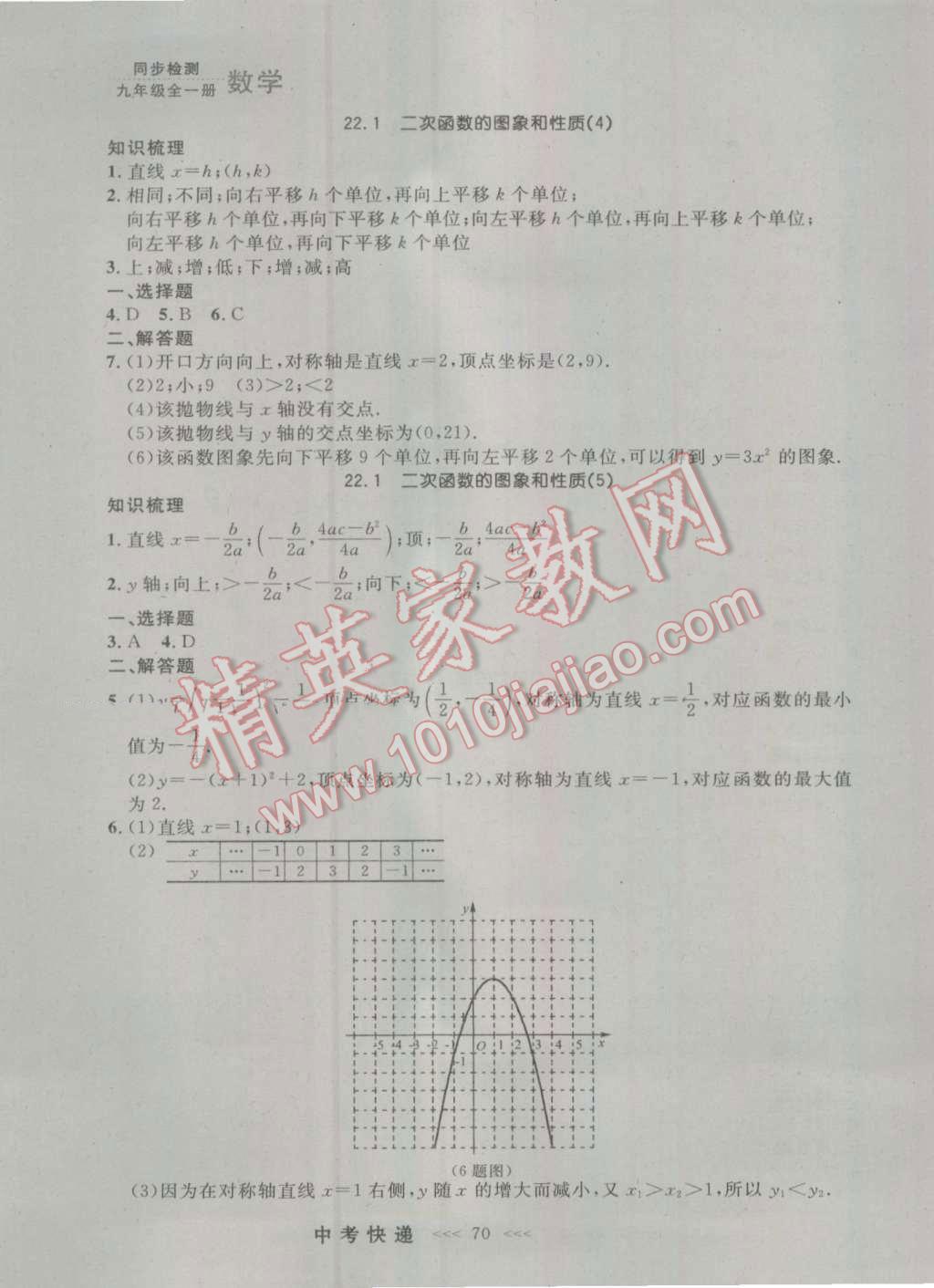 2016年中考快递同步检测九年级数学全一册人教版大连版 参考答案第6页