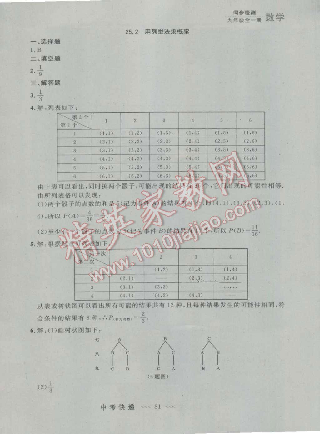 2016年中考快递同步检测九年级数学全一册人教版大连版 参考答案第17页