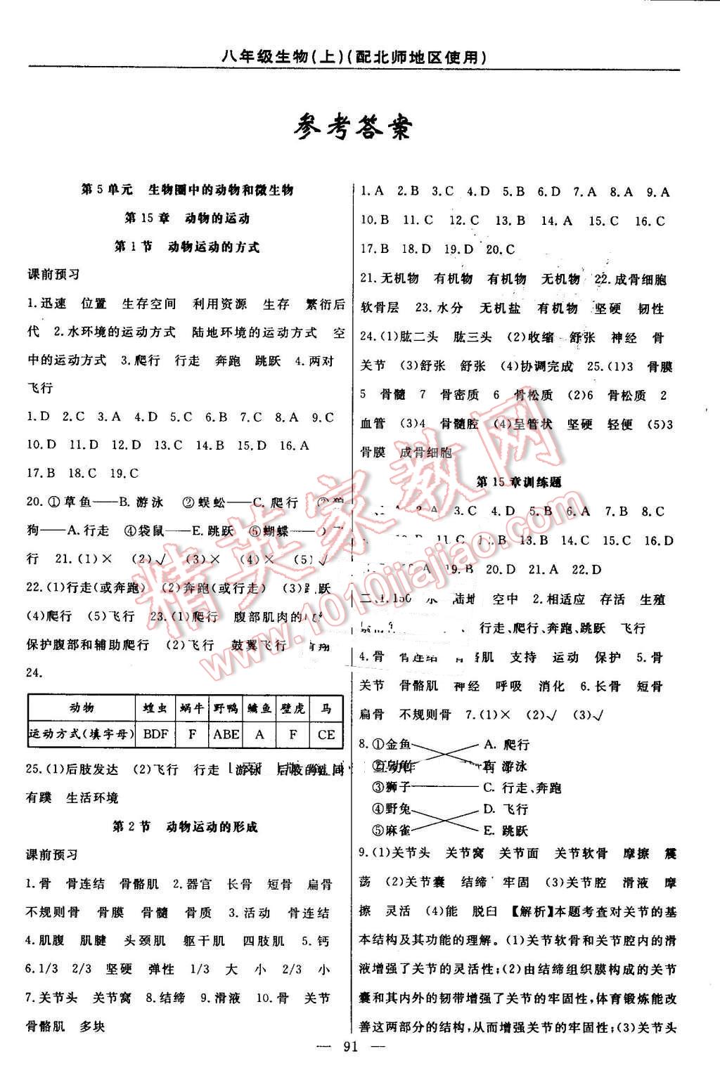 2016年黃岡100分闖關(guān)八年級(jí)生物上冊(cè)北師大版 參考答案第1頁(yè)