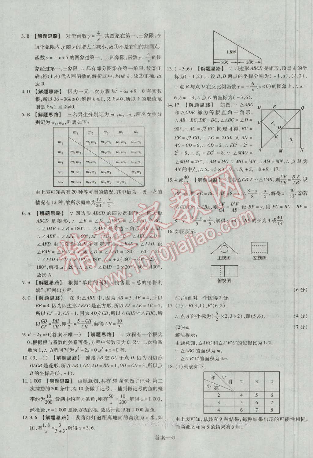 2016年金考卷活頁(yè)題選九年級(jí)數(shù)學(xué)上冊(cè)北師大版 參考答案第31頁(yè)