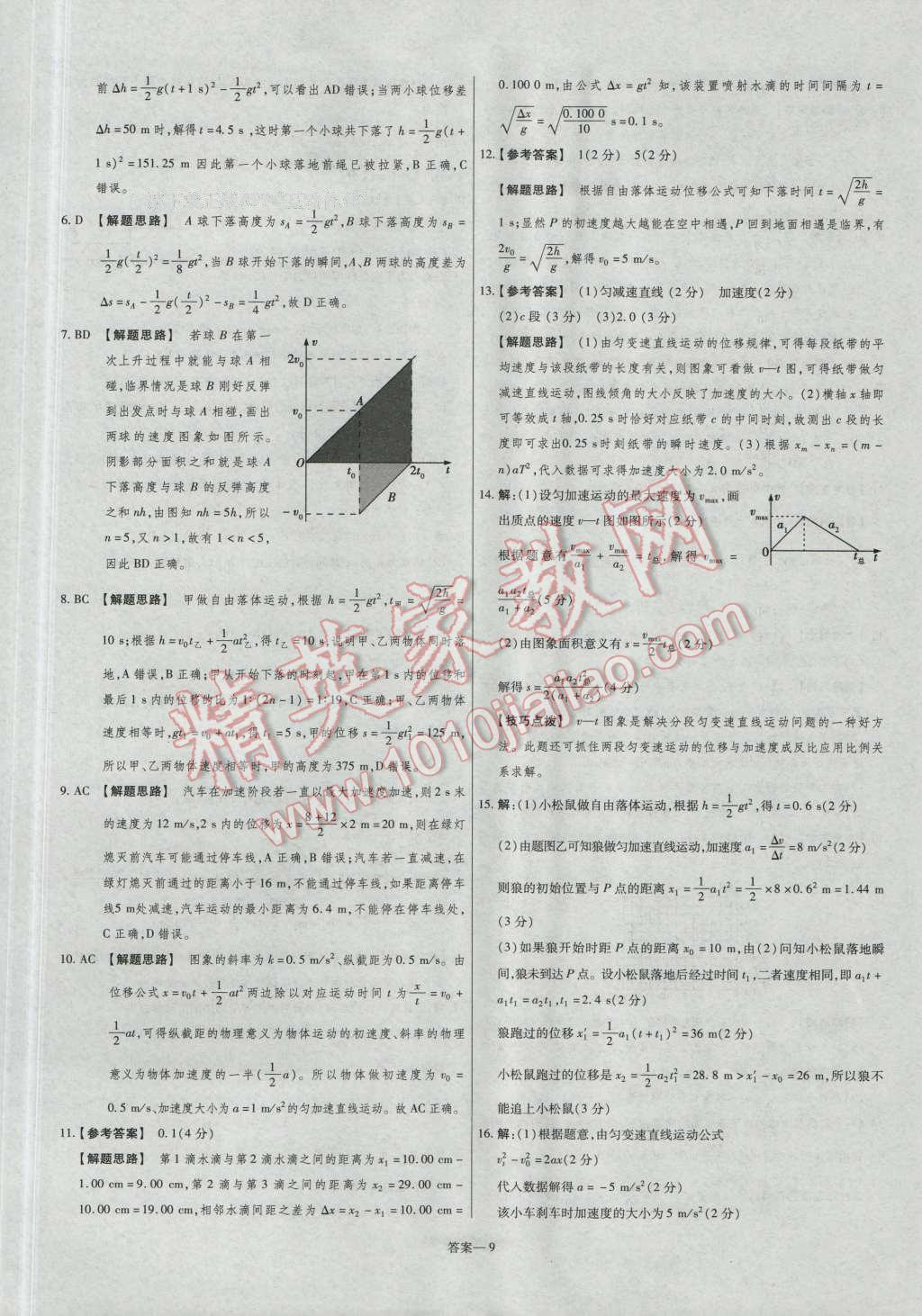 金考卷活頁(yè)題選高中物理必修1人教版 參考答案第9頁(yè)