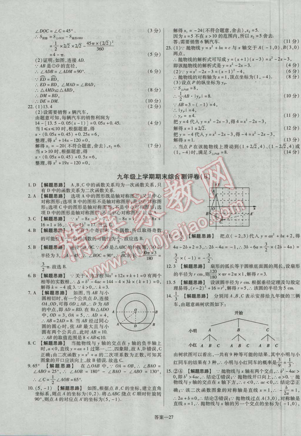 2016年金考卷活页题选九年级数学上册人教版 参考答案第27页