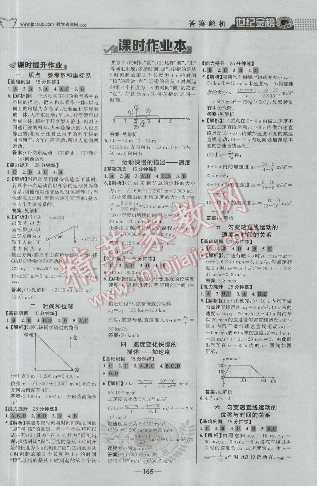 世紀(jì)金榜高中全程學(xué)習(xí)方略物理必修1人教版 參考答案第16頁