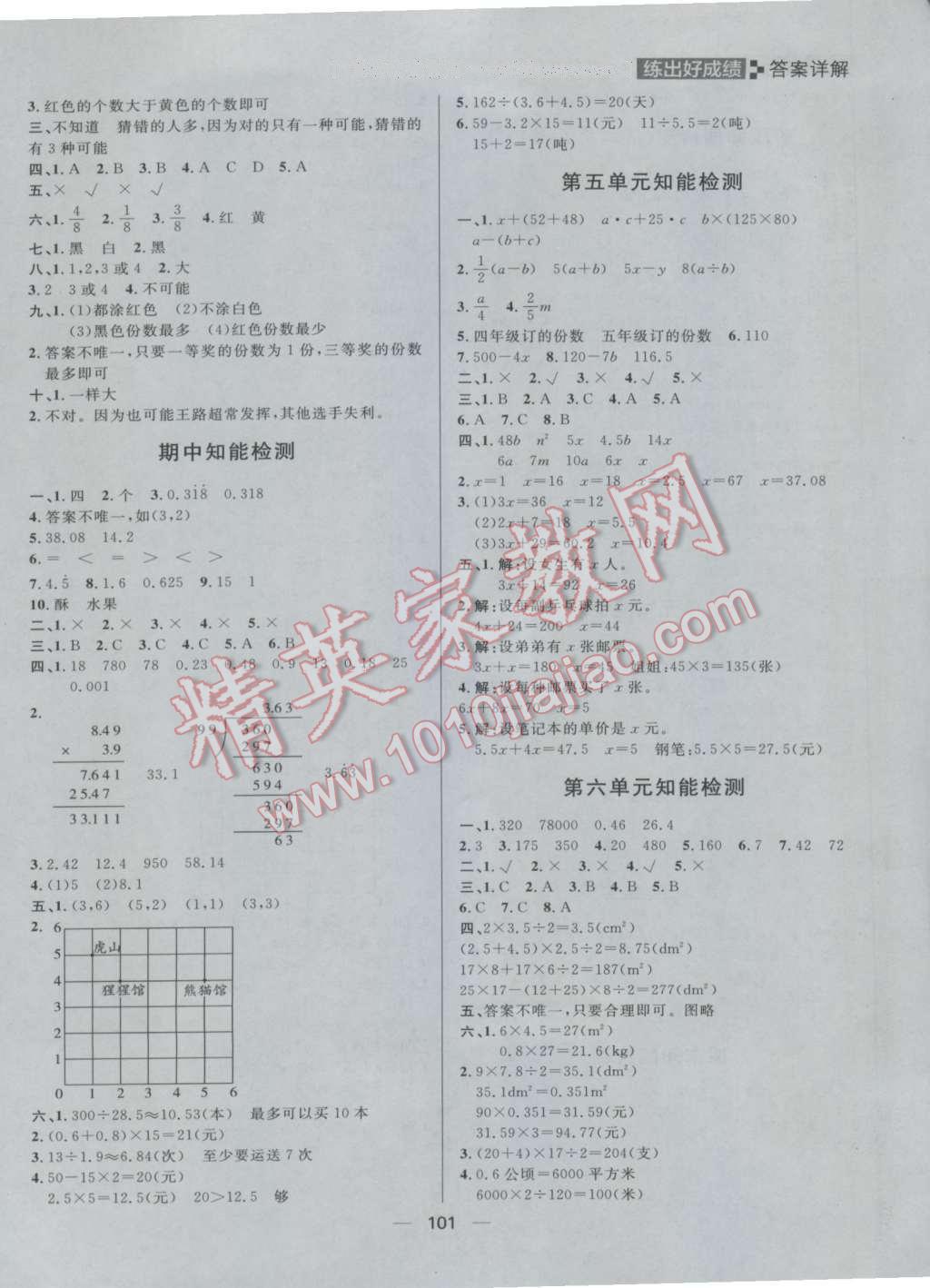 2016年练出好成绩五年级数学上册人教版 参考答案第13页