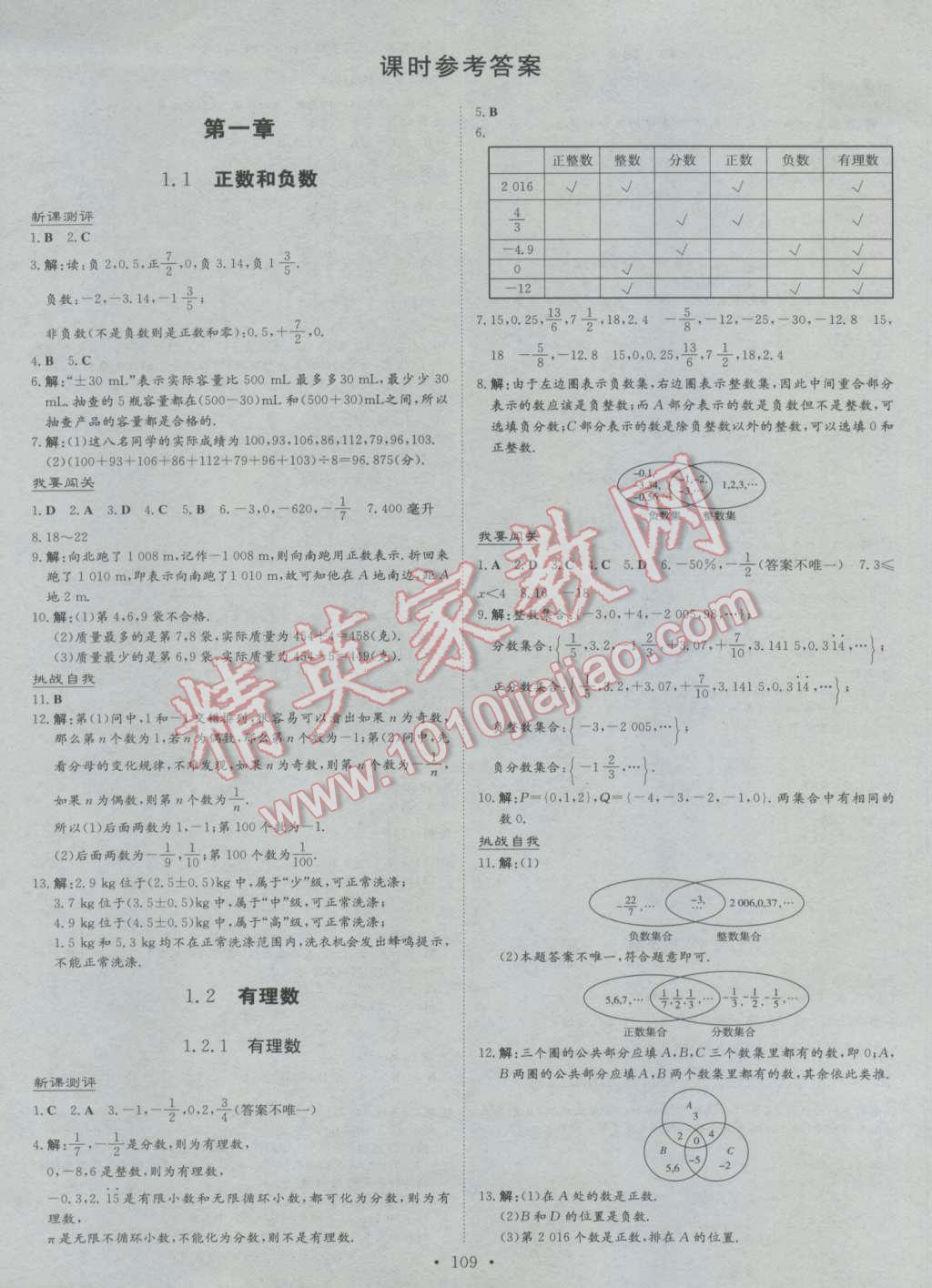 2016年練案課時作業(yè)本七年級數(shù)學(xué)上冊人教版 參考答案第1頁