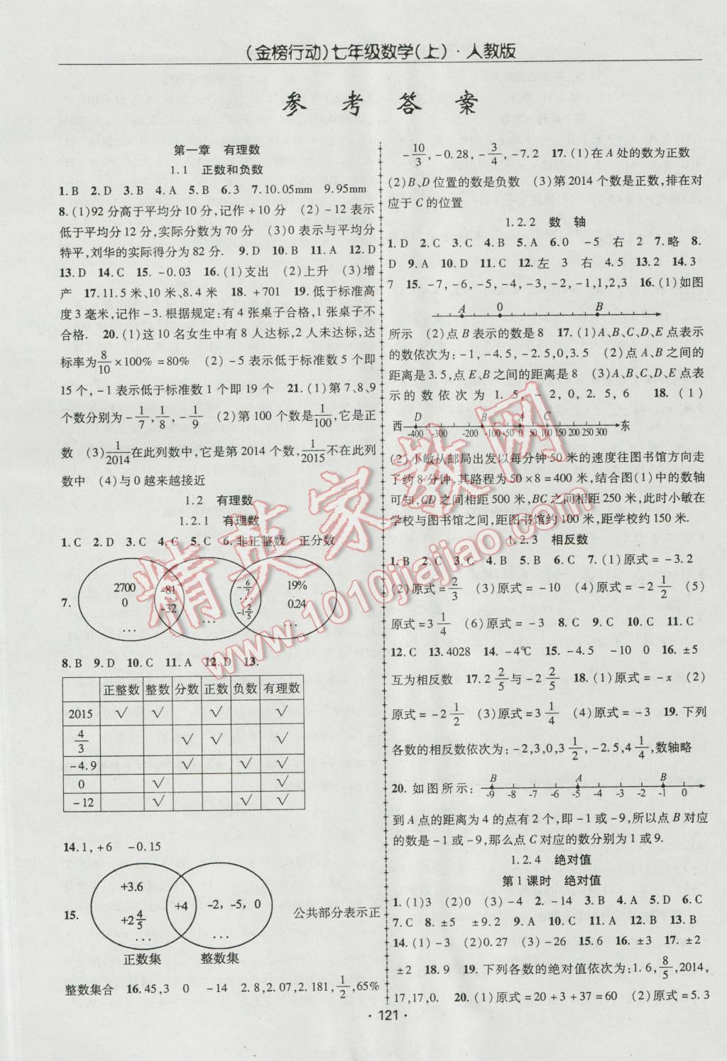 2016年金榜行動課時導學案七年級數學上冊人教版 參考答案第1頁