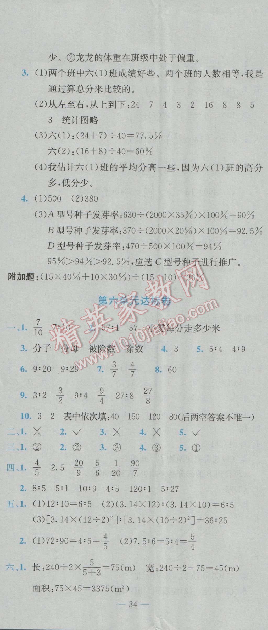 2016年黃岡小狀元達(dá)標(biāo)卷六年級(jí)數(shù)學(xué)上冊(cè)北師大版 參考答案第5頁(yè)