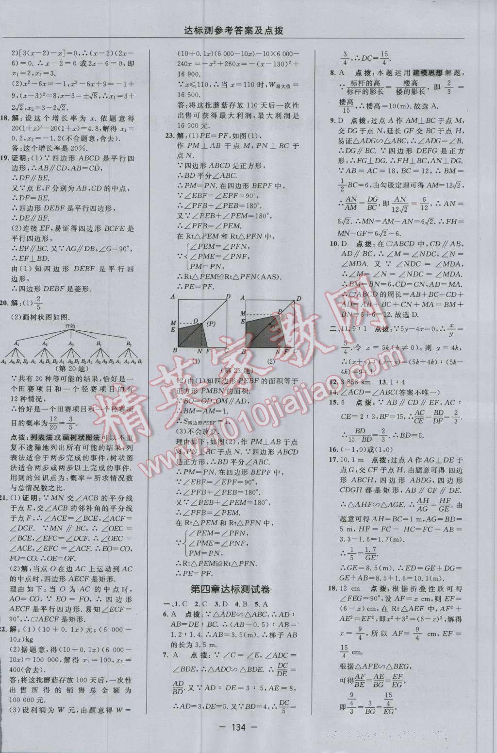 2016年点拨训练九年级数学上册北师大版 参考答案第4页