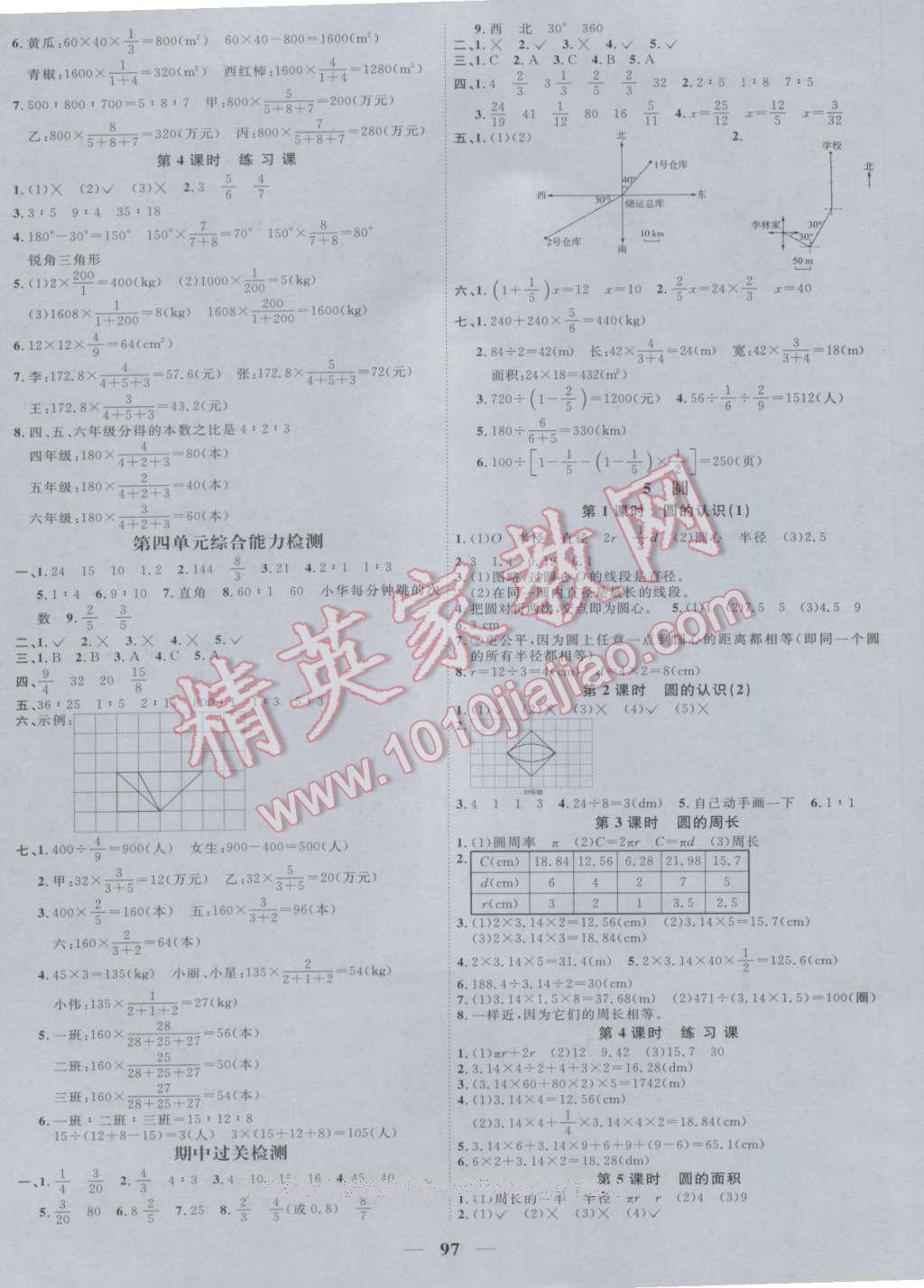 2016年陽(yáng)光課堂課時(shí)優(yōu)化作業(yè)六年級(jí)數(shù)學(xué)上冊(cè)人教版 參考答案第5頁(yè)