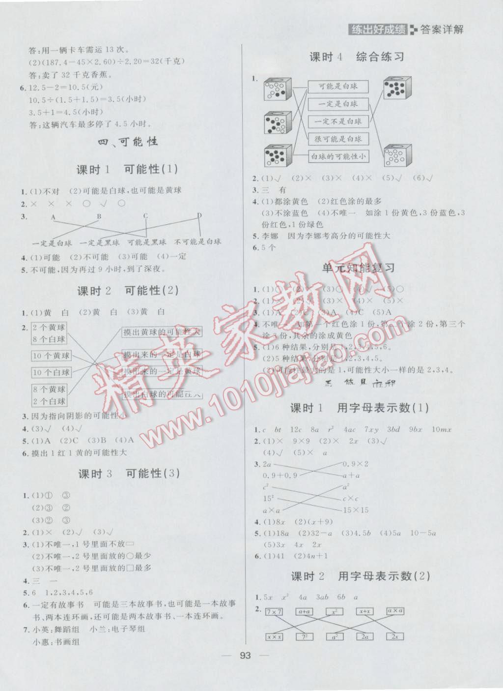 2016年练出好成绩五年级数学上册人教版 参考答案第5页