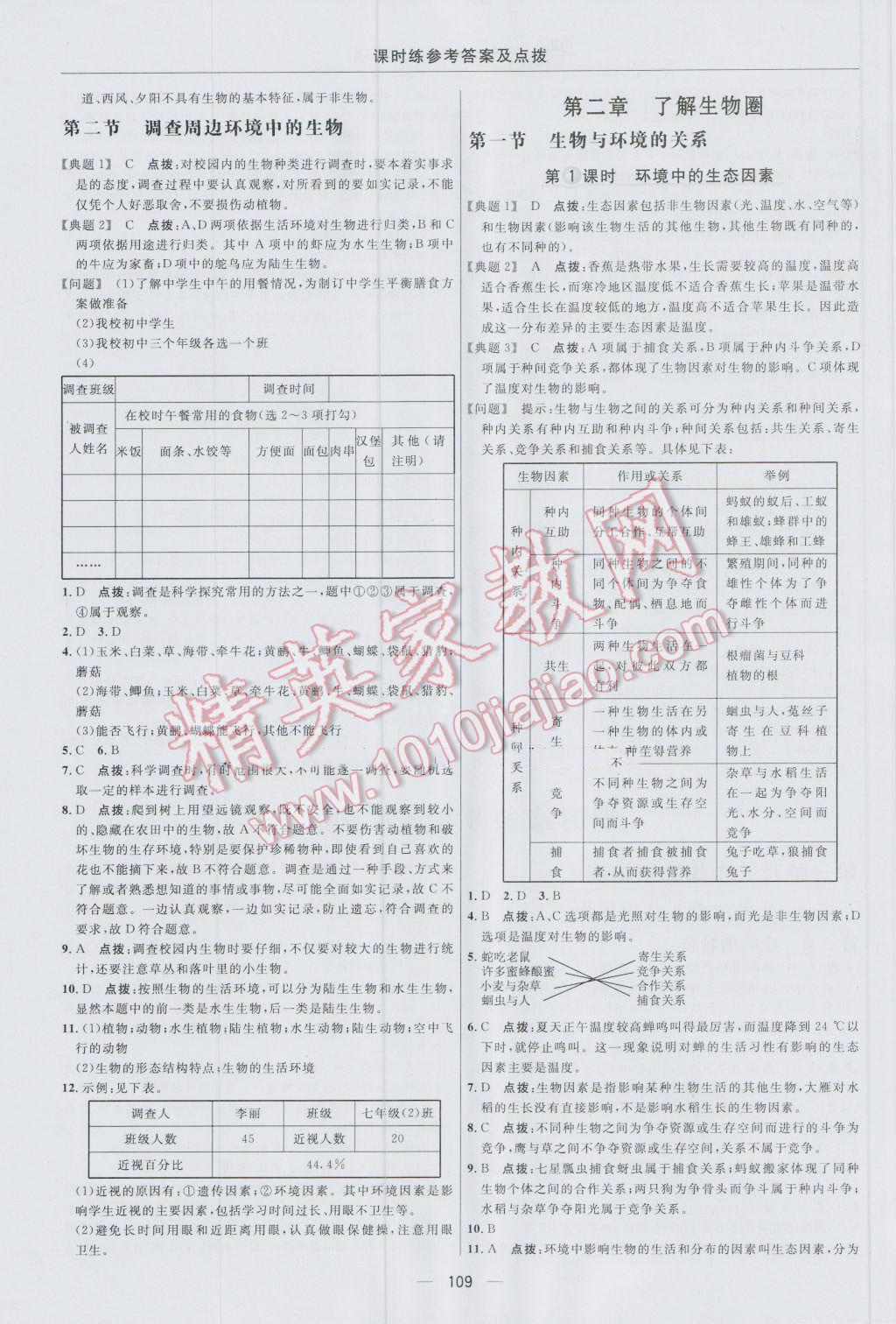 2016年点拨训练七年级生物上册人教版 参考答案第7页