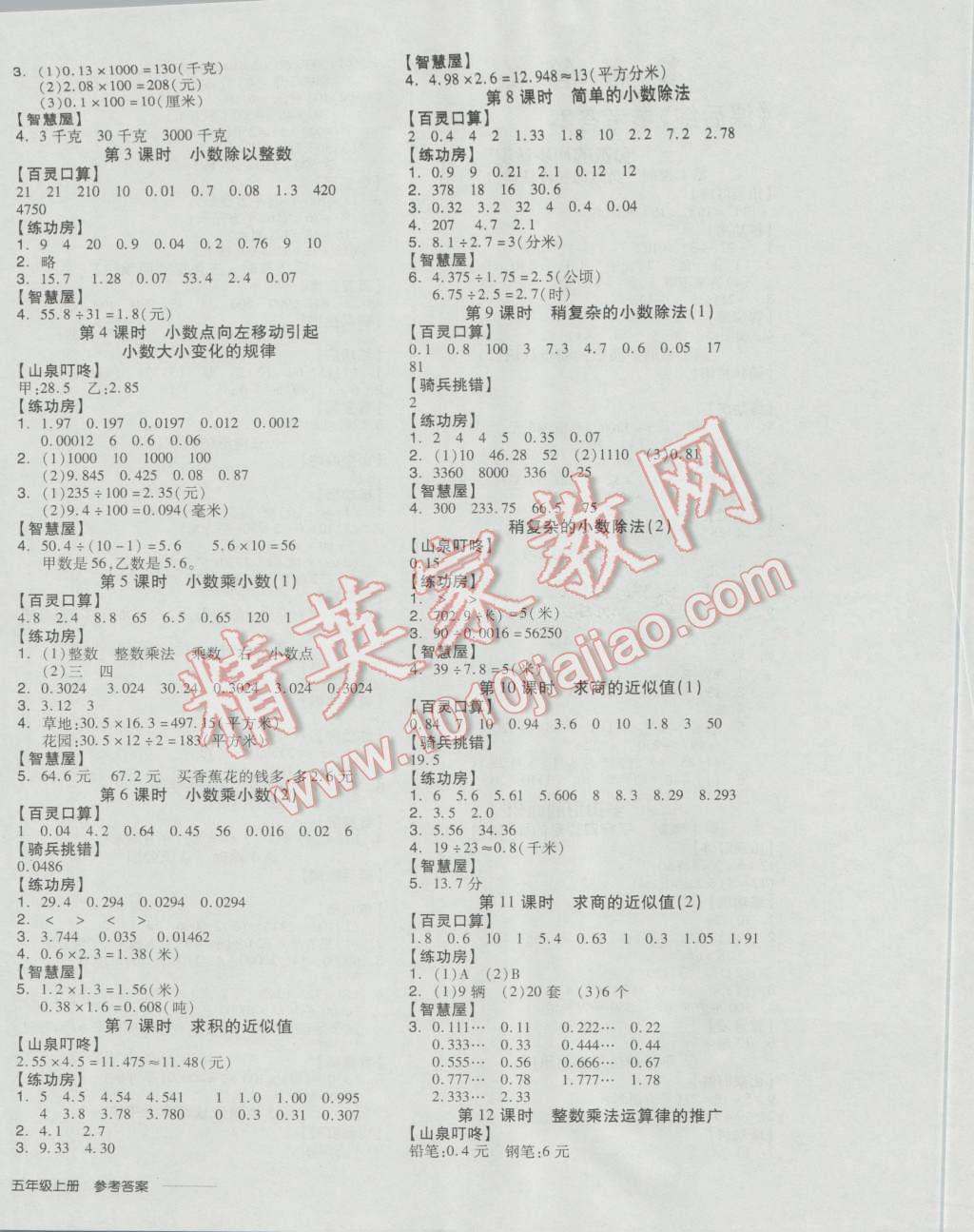 2016年全品学练考五年级数学上册苏教版 参考答案第4页