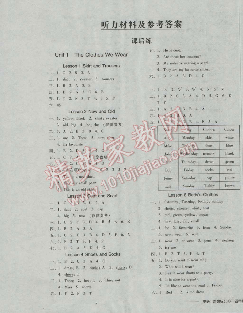 2016年全品学练考四年级英语上册冀教版 参考答案第1页