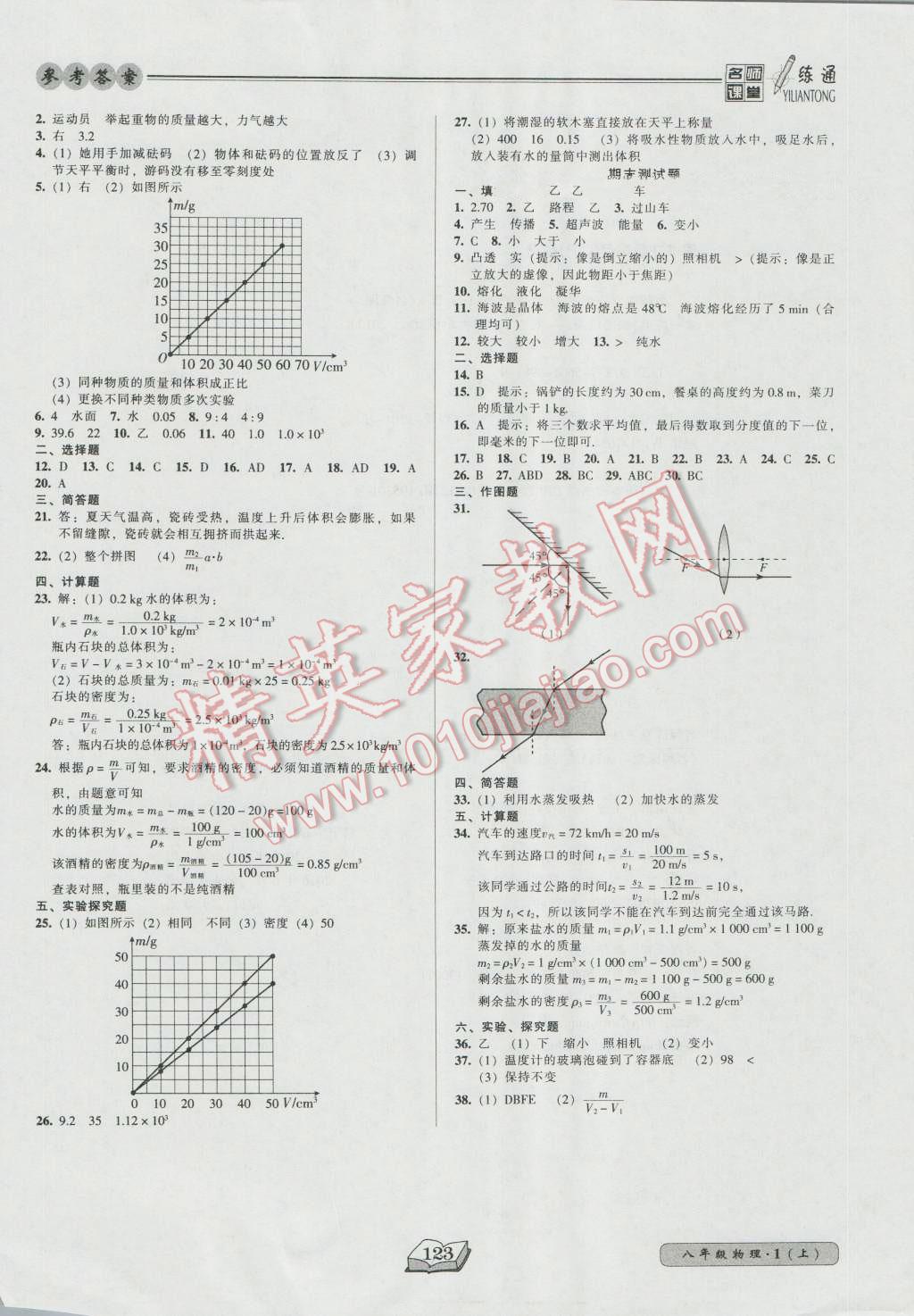 2016年名师课堂一练通八年级物理上册人教版 参考答案第15页