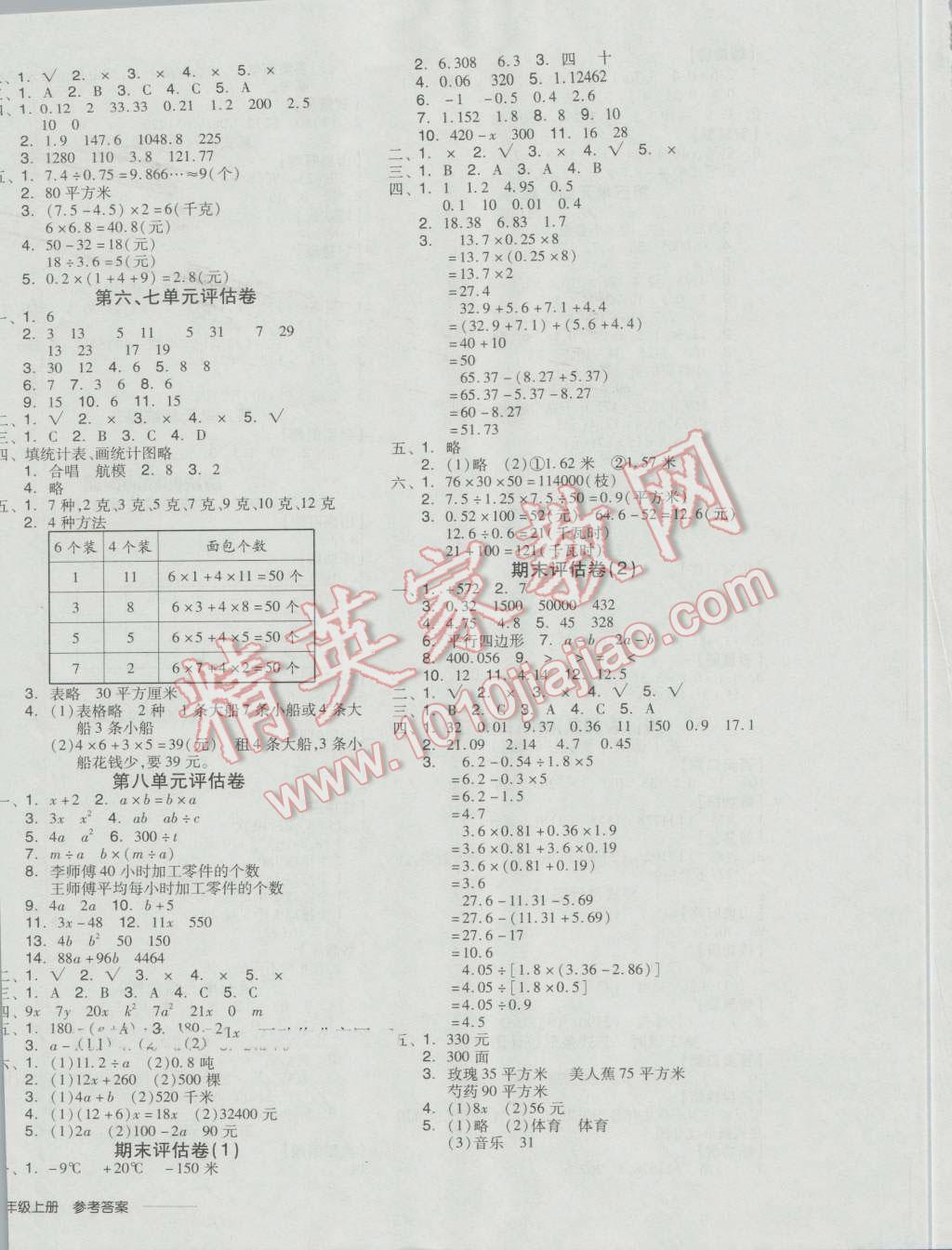 2016年全品学练考五年级数学上册苏教版 参考答案第8页