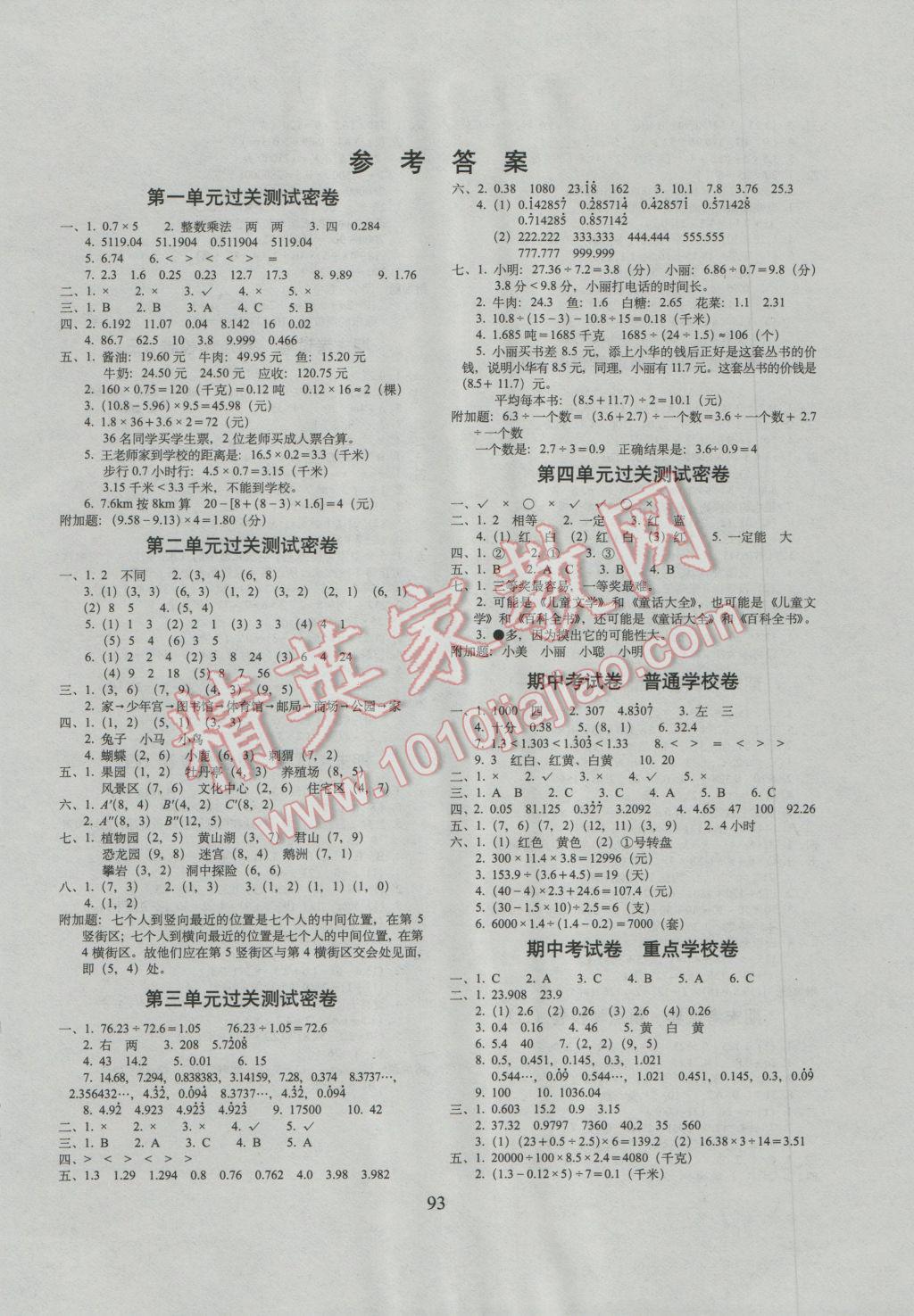 2016年期末冲刺100分完全试卷五年级数学上册人教版 第1页